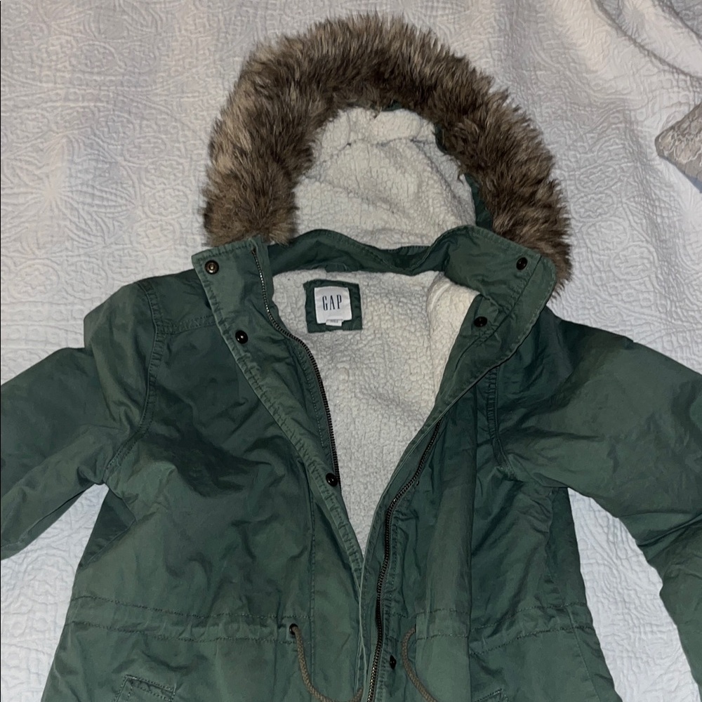 GAP Olive Parka with Faux Fur Trim